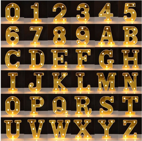 Goldweiß leuchtende 26 englische LED-Buchstaben-Nachtlicht-Alphabet-Zahlen-Lampe für Weihnachten, Hochzeit, Geburtstag, Party, Dekoration