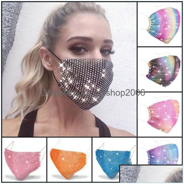 Máscaras de festa 50 pçs Fashion Colorf Mesh Designer Face Mask Bling Diamond Rhinestone Grid Net Sexy Hollow Reutilizável Drop Delivery Home Dhqu5