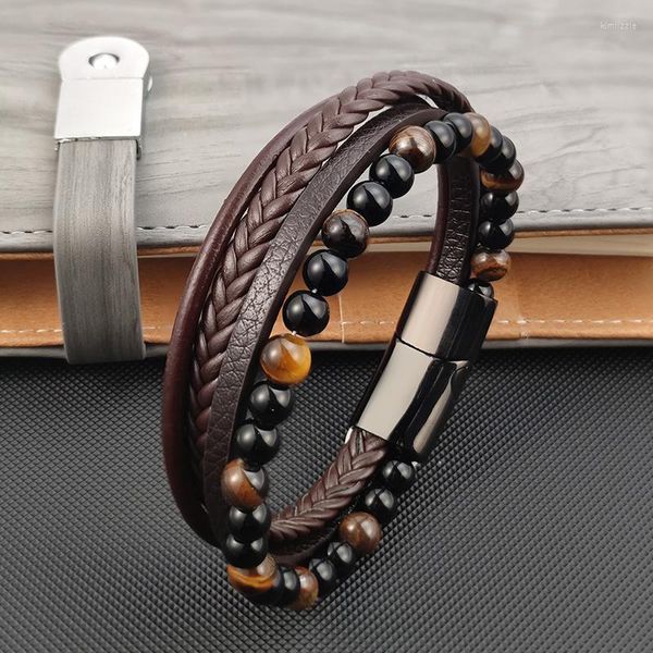 Braccialetti con ciondoli LESIAUO 6MM Collant gialli naturali Eye Stone Bracciale da uomo in vera pelle con fibbia magnetica Bracciale gioielli maschili Regali di Natale