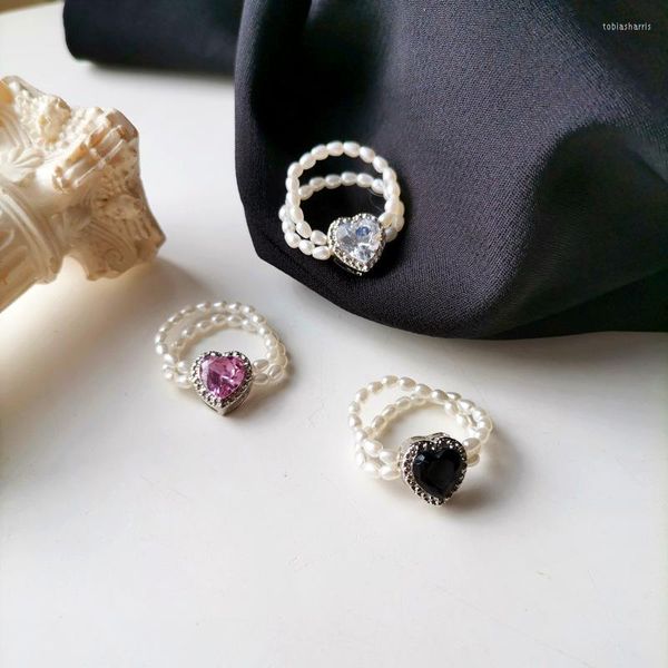 Cluster Rings Trendy Crystal Zircon Heart Shape Double-layered Pearl For Women Coreano Elastic Beads Anel de Dedo Jóias Presente