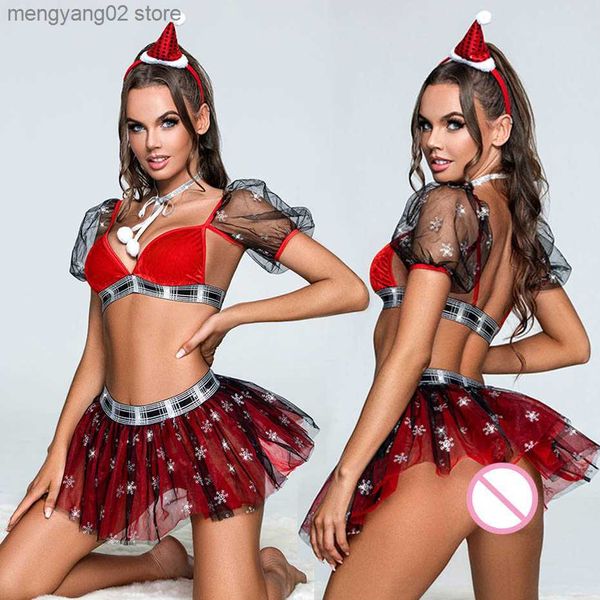 Sexy Set JSY Sexy Christmas Uniforme Cosplay Lingerie Set Red Lace Saia Feminina Lingerie Erótica Comes Sexy Role Play Outfits T230531