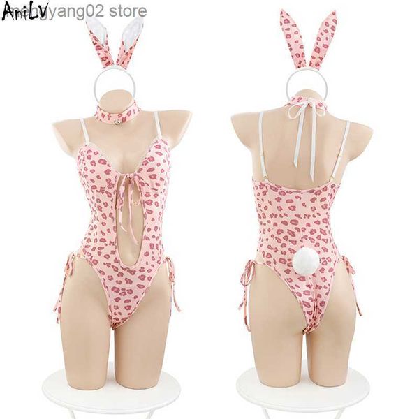 Sexy Set AniLV Bunny Girl Pink Leopard Costume intero Swimit Unifrom Women Maid Hollow Body Pigiama Abiti Comes T230531