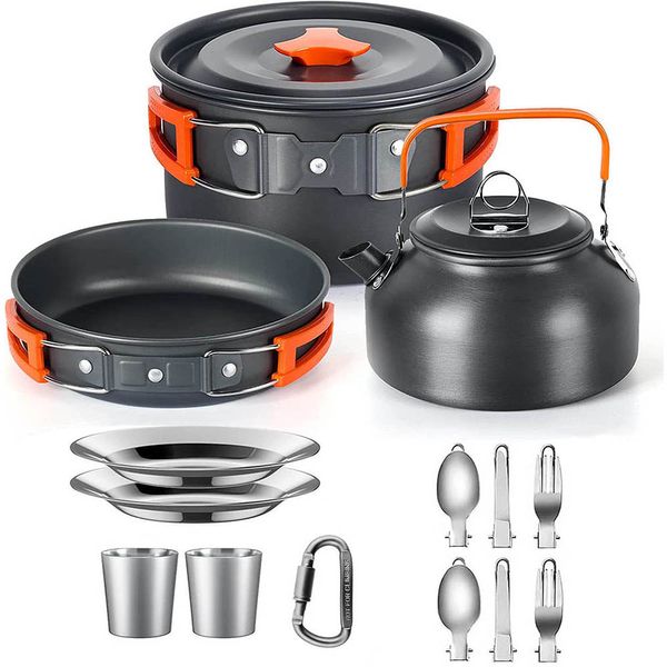 Set da cucina da campeggio Attrezzatura leggera in alluminio per esterni Kit di pentole da campeggio per viaggi Trekking Forniture da escursionismo