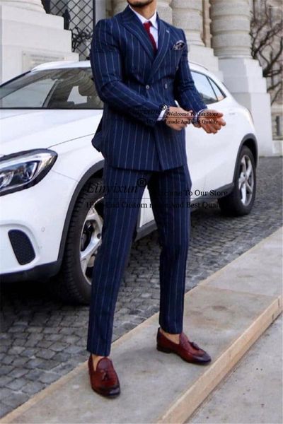 Abiti da uomo Formale Blu Navy Stripe Uomo Doppiopetto Matrimonio Sposo Smoking Uomo d'affari Prom Blazer 2 Pezzi Giacca Pantaloni Set