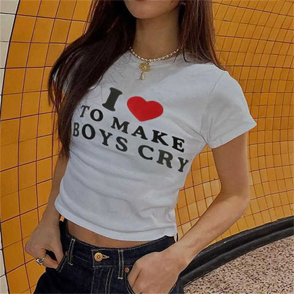 Camiseta com estampa de letras para mulheres verão 2023 nova manga curta com decote em O slim fashion camisetas vintage casual Y2k Crop Top