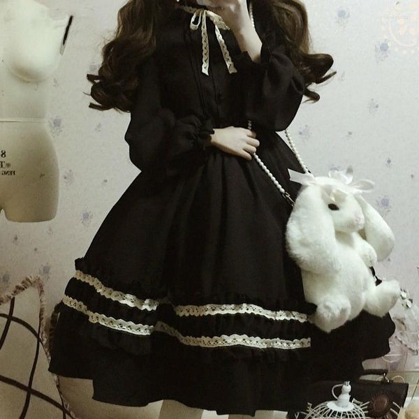 Vestidos casuais 2023 Harajuku Japanese Kawaii Sweet Lolita Baby Doll Para Mulher Vintage Retro Party Femme Robe Bowknot Outono Y2k