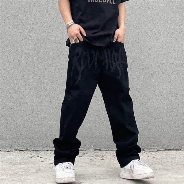 Pantalones Hip Hop Pantalones De Mezclilla Ropa Masculina Moda Negro Streetwear Y2K Hombres Bordados De Tiro Bajo Baggy Jeans Pantalones Rectos Diarios