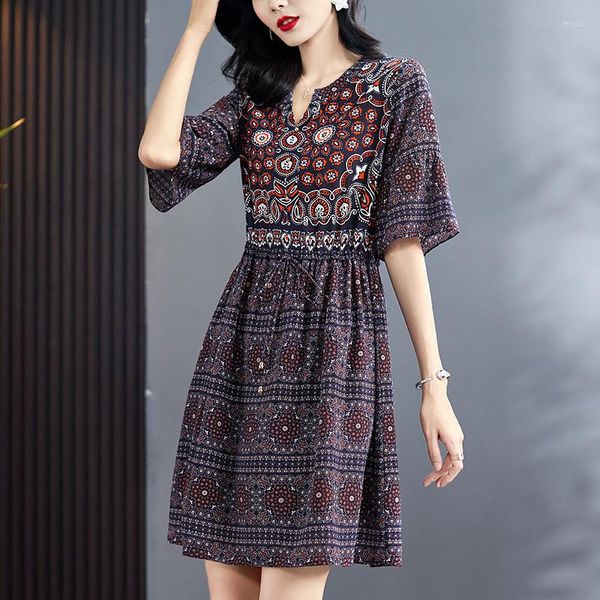 Vestidos casuais 2023 feminino verão elegante decote em v meia manga cordão natural seda pura real senhora vestido evasê vintage estampado