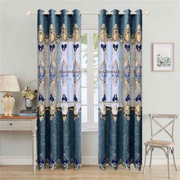 Cortina de luxo europeu azul chenille chenille hollow água solúvel em cortinas bordadas tule branco para quarto quarto de estar feito sob medida