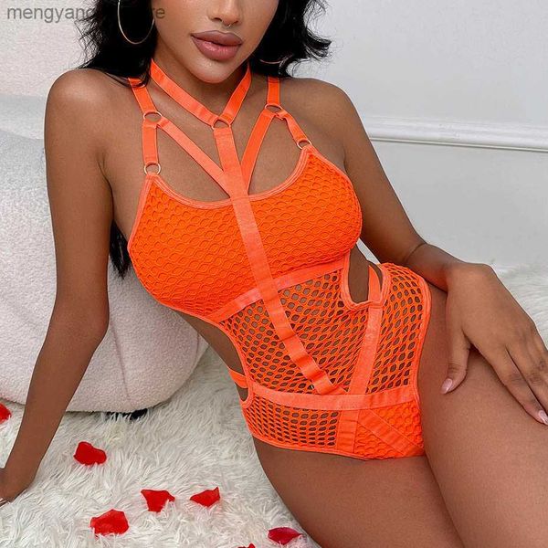 Sexy Set JSY Sexy Bodysuit Dessous Set Hollow Out Orange Transparent Damen Unterwäsche Neckholder Teddies Erotik Catsuit Dessous Kommt T230531