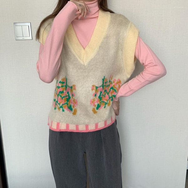 Kadın Sweaters Kawaii Vintage Kadın Yeleği 2023 Japon tarzı V-Ghek Hit Renk Çiçekleri Kolsuz Kazak Kadın Tüm Maçlar Büyük Boy