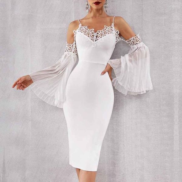 Повседневные платья Seamyla белая кружевная повязка женщин 2023 Длинное рукав вечернее вечернее платье элегантное летнее клуб сексуальный миди