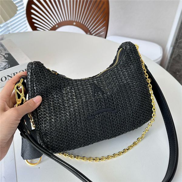 Designer Stroh Umhängetasche für Frau Sommer Geflecht Luxus Handtasche Gold Kette Mode Strand Schulter Taschen Unterarm Zipper Geldbörse