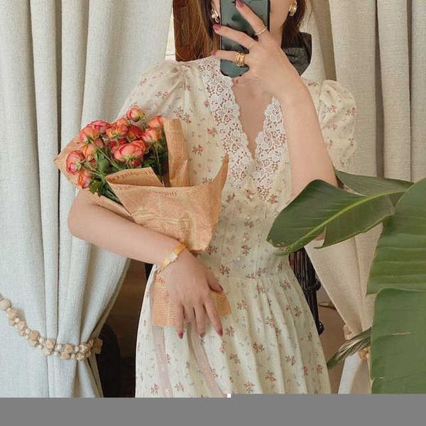Vestido de festa manga curta com decote em V para mulheres 2023 nova moda verão estilo francês floral renda vestido vintage vestido midi elegante