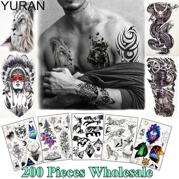 Tattoos YURAN 200 Stück Großhandel Galaxy Tattoo Temporäre Körperkunst Tattoo Tribal Löwe Tiger Aufkleber für Männer Frauen Fake Arm Brust Tattoos
