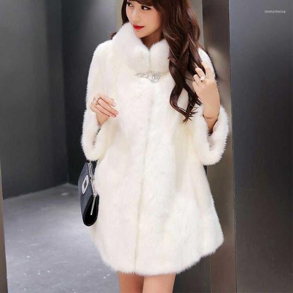 Pelliccia da donna Bella giacca da donna autunno inverno Faux Elegante cappotti di peluche di media lunghezza Cappotto di visone con colletto alla coreana