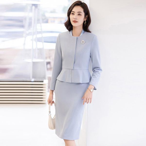 Zweiteilige Kleider Summer Fashion Blazer Frauen Business Anzüge Rock und Jacke Set Blue Tops Büro Damen Arbeit Schönheit Salon Uniform Ol Styles