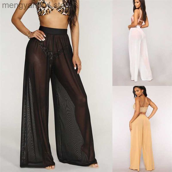 Pantaloni da donna Capris da donna Boho a vita alta Flare gamba larga Pantaloni copricostume Beach Long Loose See Throug Mesh Sheer Pants Bikini Bottom Beachwear T230531