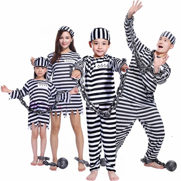Tema Kostüm Yetişkin Çocuklar Çizgili Mahkum Kostüm Hapishane Takım Tekdüzen Zincirler Aile Eşleşen Kıyafetler Parti için Cosplay Giysileri Cadılar Bayramı 230530
