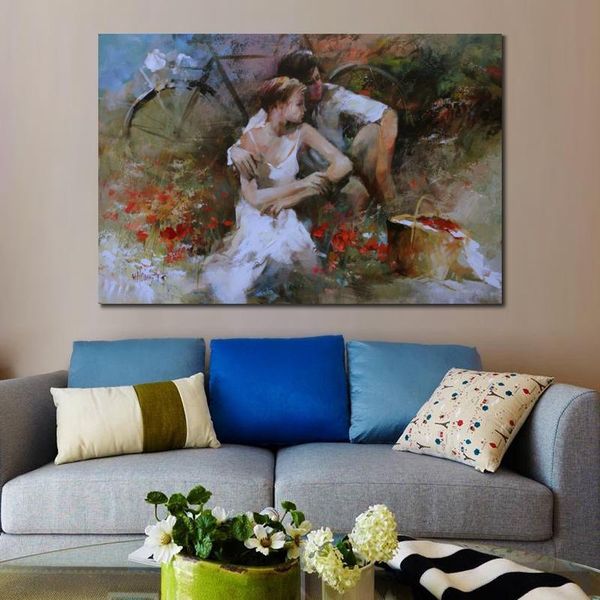 Arte em tela grande feita à mão Willem Haenraets pintura impressionista piquenique de casal para decoração de parede de casa