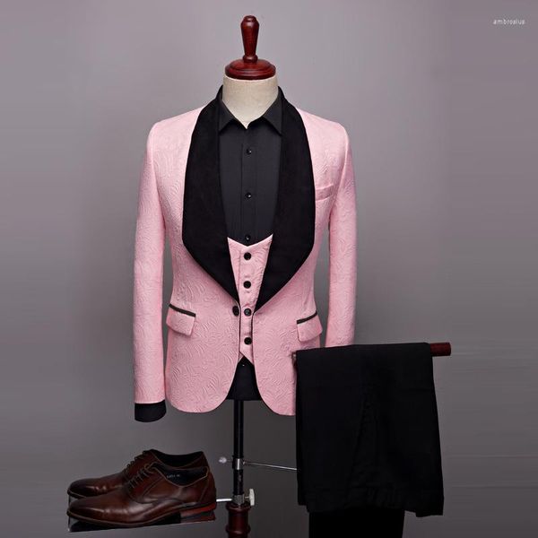 Ternos masculinos 2023 Men's Business Suit: artesanato grande colarinho preto Jacquard Pattern Blazers Casas Blazers Colete 3 PCs Conjunto