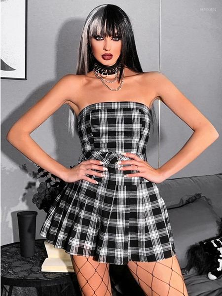 Casual Kleider SRUBY Sexy Plaid Kleid Frau Off-Schulter Gürtel Bodycon Geraffte High-Taille Nähte Nachtclub Herbst 2023