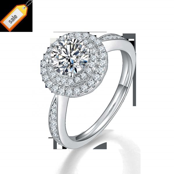 Custom Luxury Popular Fashion placcato in oro bianco S925 da donna in argento con diamanti Moissanite Round 1.0ct Anelli di fidanzamento
