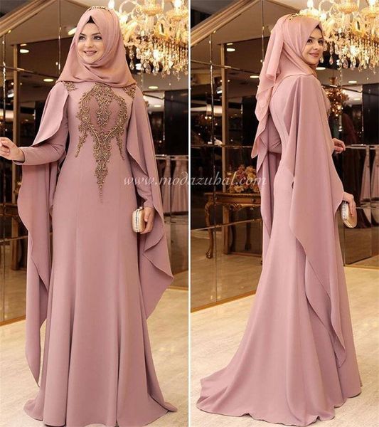 İslam Müslüman Pembe Gece Elbise 2023 Caped Dubai Abaya Uzun Kollu Boncuklu Arap Balo Elbiseleri Vintage Tören Formal Elbise Vestidos de Noche Dubai Abaya Şık