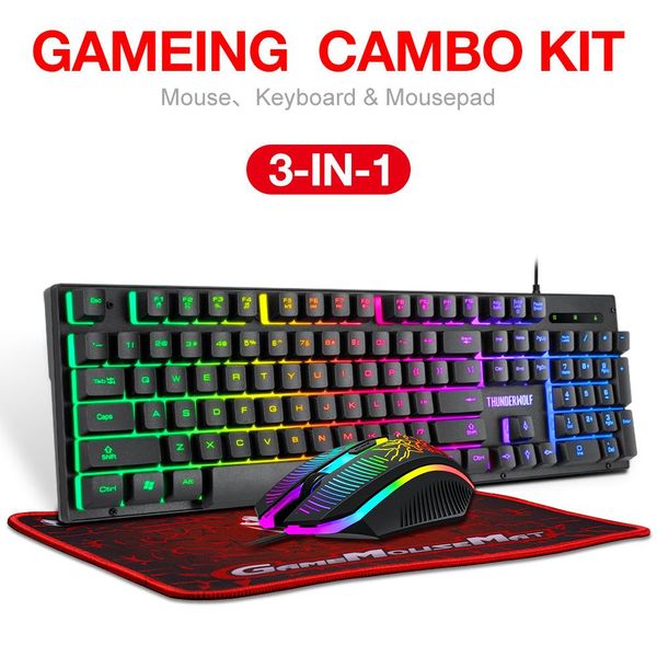 Combos 3 em 1 USB com fio teclado e mouse para jogos de computador Kit de teclados LED RGB retroiluminado teclado e mouse combo para PC laptop