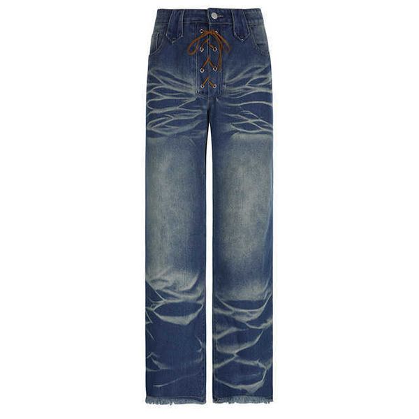 Jeans Azul para Mulheres 2023 Nova Moda Streetwear Feminino Jeans Chic Do Antigo Lavado Reto Comprimento Total Y2k Calça