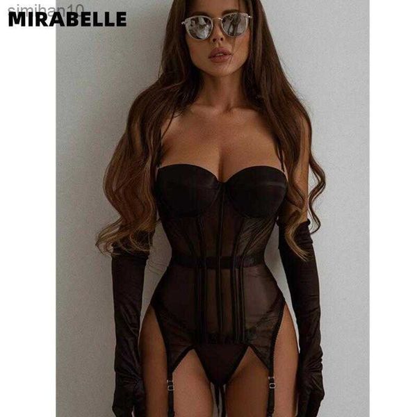 Slip Mutandine MIRABELLE Set di biancheria intima per donna Imbottito intimo femminile Completo perizoma Trasparente Bilizna Set Push Up Corsetto di pizzo Top Giarrettiera L230518