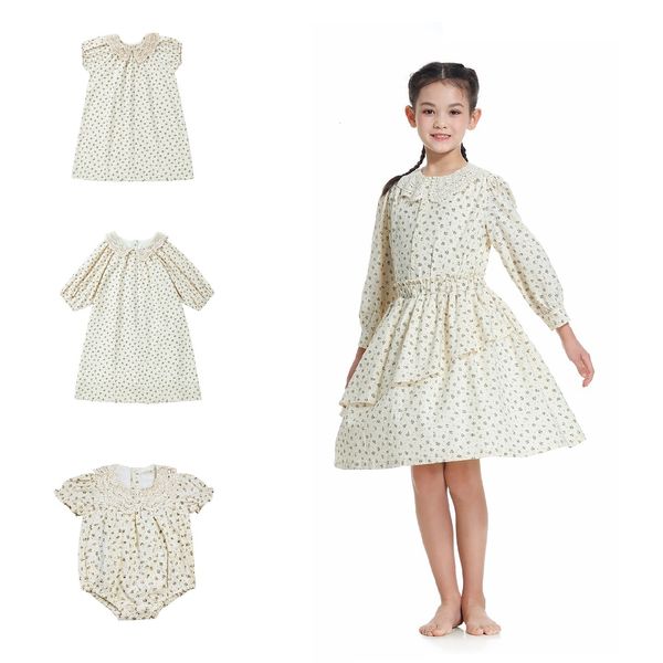 Família combina com roupas de renda de renda verão algodão fofo cereja floral adolescente vestido adolescente conjunto bebê macacão com forro #9100 230530