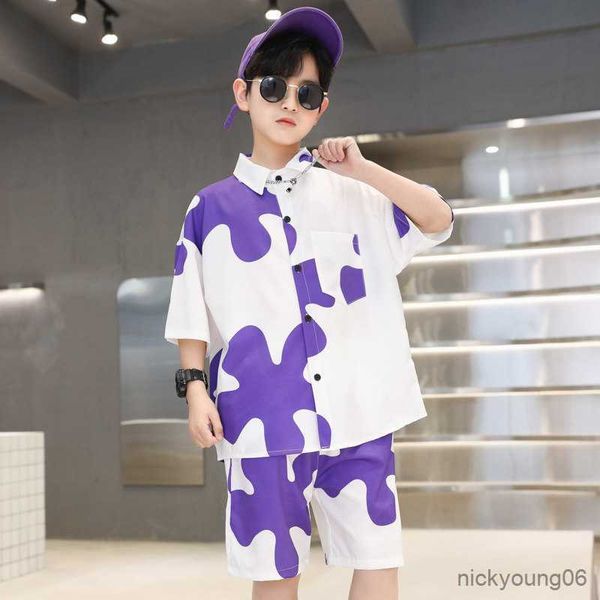 Completi di abbigliamento Estate Bambini Nuova stampa di moda per i vestiti dei ragazzi grandi Camicia di seta del ghiaccio TopandShorts 2 pezzi Verde Viola Bianco Bambini