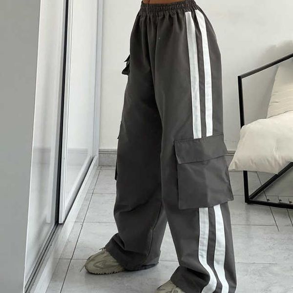 Pantaloni Della Tuta Delle Donne 2023 di Nuovo Modo di Colore di Contrasto Allentato Dritto Elastico In Vita Pantaloni Neri Casual Chic Tasche Pantaloni Y2k