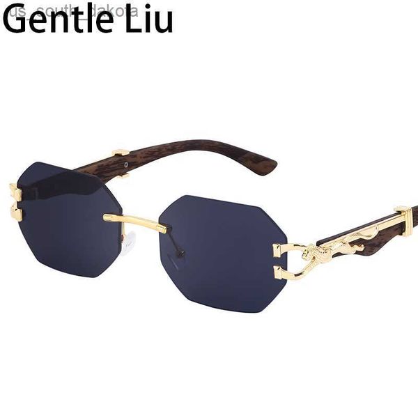 Óculos de sol octógono pequeno sem aro masculino feminino vintage óculos de sol sem armação masculino 2023 marca de luxo óculos de leopardo tons UV400 L230523