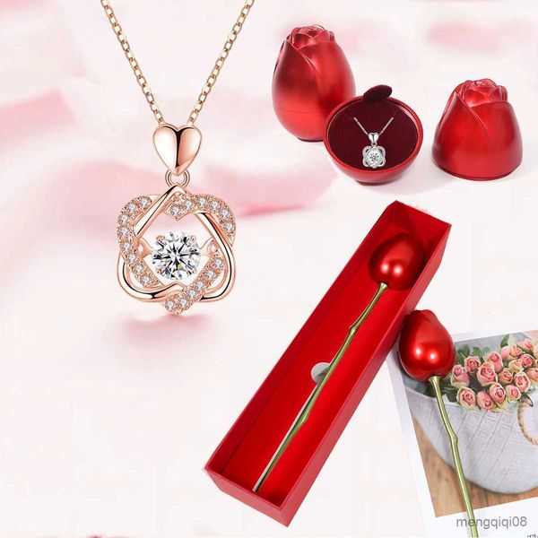 Anhänger Halsketten Herz ineinander verschlungene Halskette mit kreativer Rose Geschenkbox für Frauen Freundin 2023 Valentinstag Geschenk Mode Romantischer Schmuck