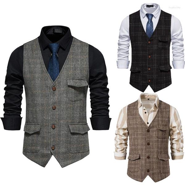 Herrenwesten Herren-Retro-Anzugweste, modisch, lässig, Tweed-Revers, V-Ausschnitt, einreihig, kariertes Kleid, schmales Oberteil, Business-Stil