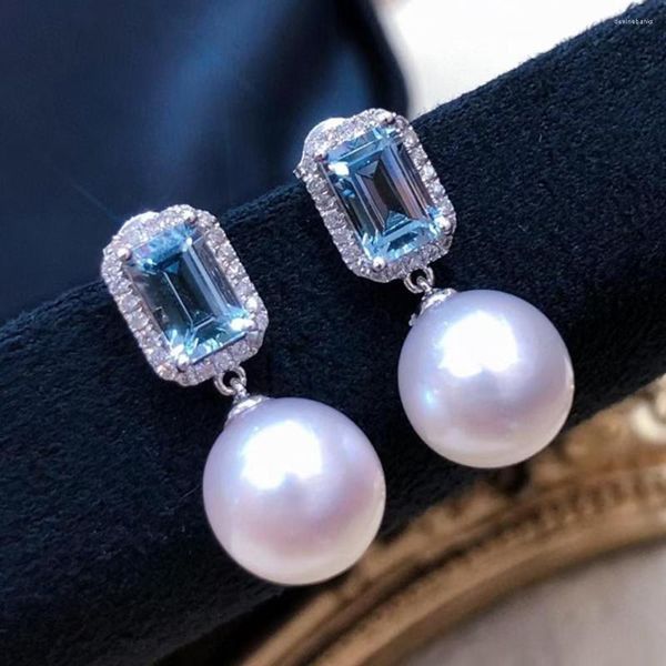 Dangle Küpeler Zarif Mavi Kristal Topaz Taş Taşları Elmaslar İnci Damlaları Kadınlar İçin 14K Beyaz Altın Dolgulu Gümüş Modaya Modaya Modeli