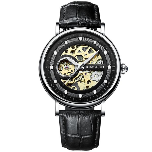 Gravação oca Esqueleto Casual Designer Preto Caixa Dourada Gear Bezel Relógios Homens Relógios Automáticos de Marca Top de Luxo