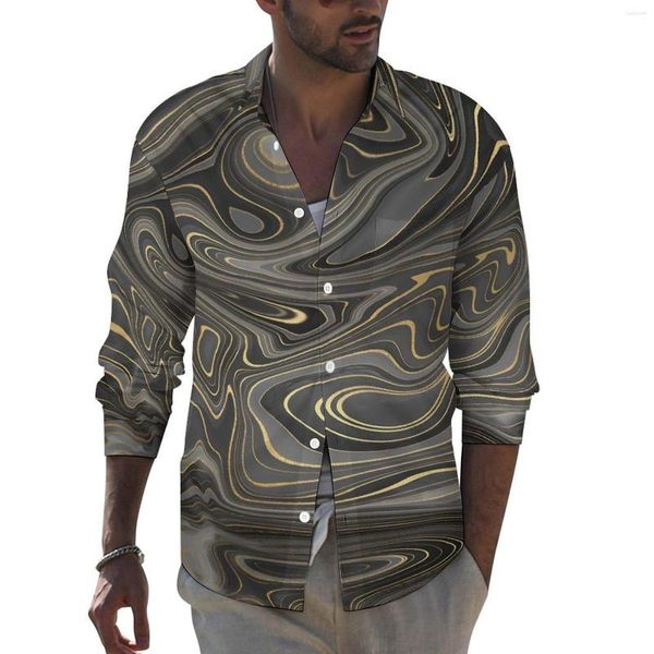 Camisas casuais masculinas Camisa Autumn Black Grey Gold Marble Masculino Bloups Bloups Longa Langa Padrão Tops Estético Plus Tamanho 4xl