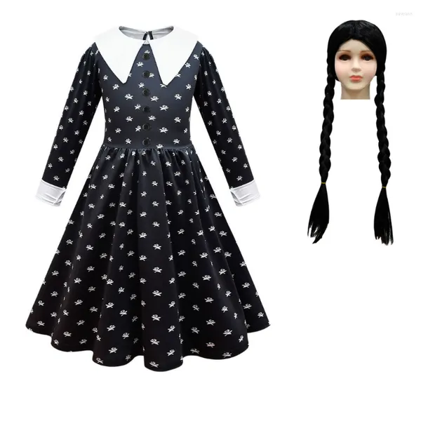 Abiti da ragazza Ragazze mercoledì Costume cosplay della famiglia Addams Abiti gotici vintage Abbigliamento di Halloween Parrucca per abito da stampa Morticia per bambini