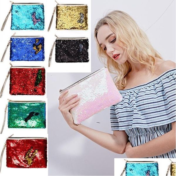 Bolsas de armazenamento Mermaid Senhora embreagem cosmética Bolsa de bolsa Glitter Glitter Mini Zipper Palola de Meninas Festa de Natal Dh0520 Drop del Dh9et