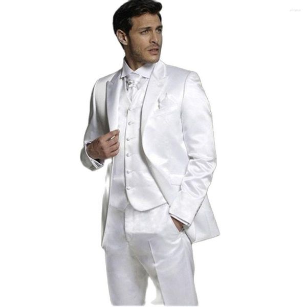 Abiti da uomo Abito da sposa per uomo Sposi in raso bianco Smoking classico Cappotto formale da pranzo Giacca Blazer Pantaloni Set 3 pezzi Abbigliamento maschile