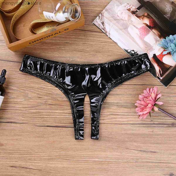 Kılavuz Külot Iefiel Moda Siyah Kadın Kadın iç çamaşırı ıslak görünüm Patent Deri Açık Kasık Yüksek Kesim Mini Kılavuzları İç Çamaşır Giyim Brifingleri T23601