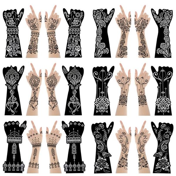 Estênceis 12Sheet/set grandes henna tatuagens de tatuagens de mão de flor Airbrush mehndi indiano hena modelos de tatuagem estêncil para tinta manual