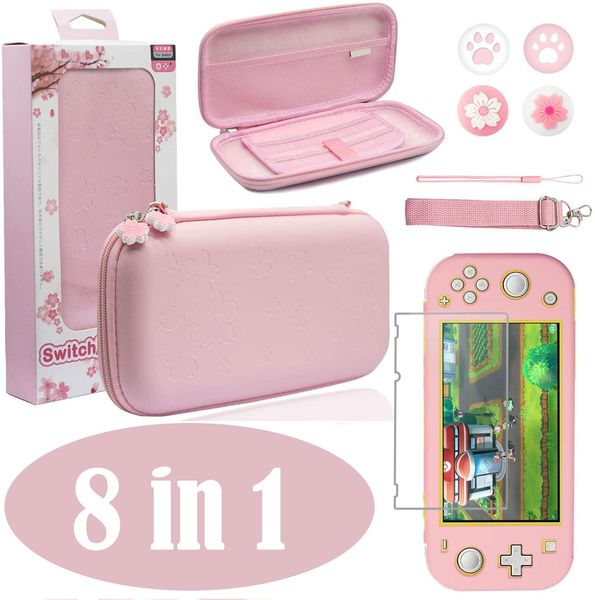 Borse Kit custodia da trasporto rosa per Nintendo Switch Lite Custodia protettiva per console Custodia in vetro Protezione per schermo Thumb Stick Grips Accessori da viaggio