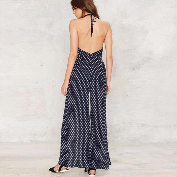 Tute da donna 2023 Arrivo Primavera Moda Donna Pagliaccetto Navy Tuta a vita alta con stampa a pois Backless Split Sexy Halter Longline