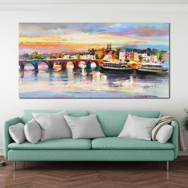Fatto a mano Willem Haenraets Impressionista Paesaggio del paesaggio Dipinto di Sint Serveas Bridge a Maastricht per decorazioni per la camera da letto