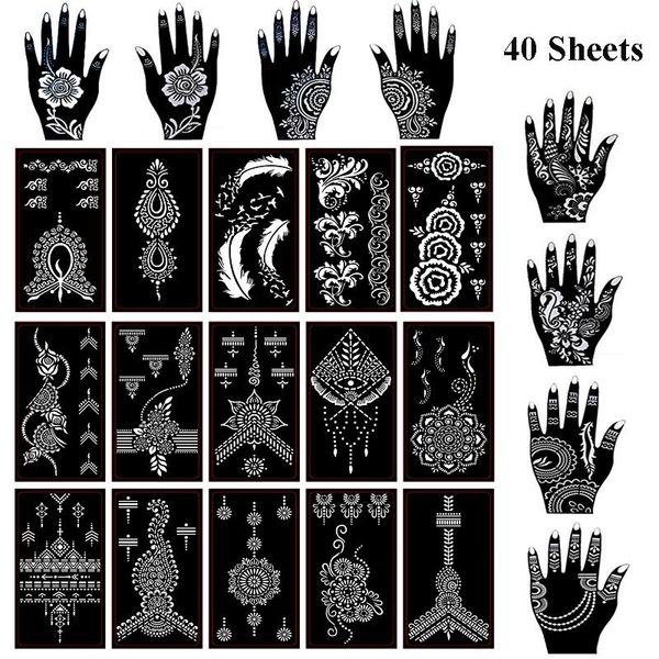Estênceis de tatuagem de henna autoadesivos, 40 folhas, conjunto de modelos mehndi para tatuagem, arte corporal, pintura, tatuagens de aerógrafo árabe indiano
