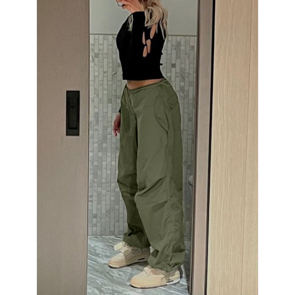 Calça feminina capris feminino cargo de cordão y2k harajuku solto perna larga streetwear joggers feminino hip hop color sólida calças de tamanho grande 230530